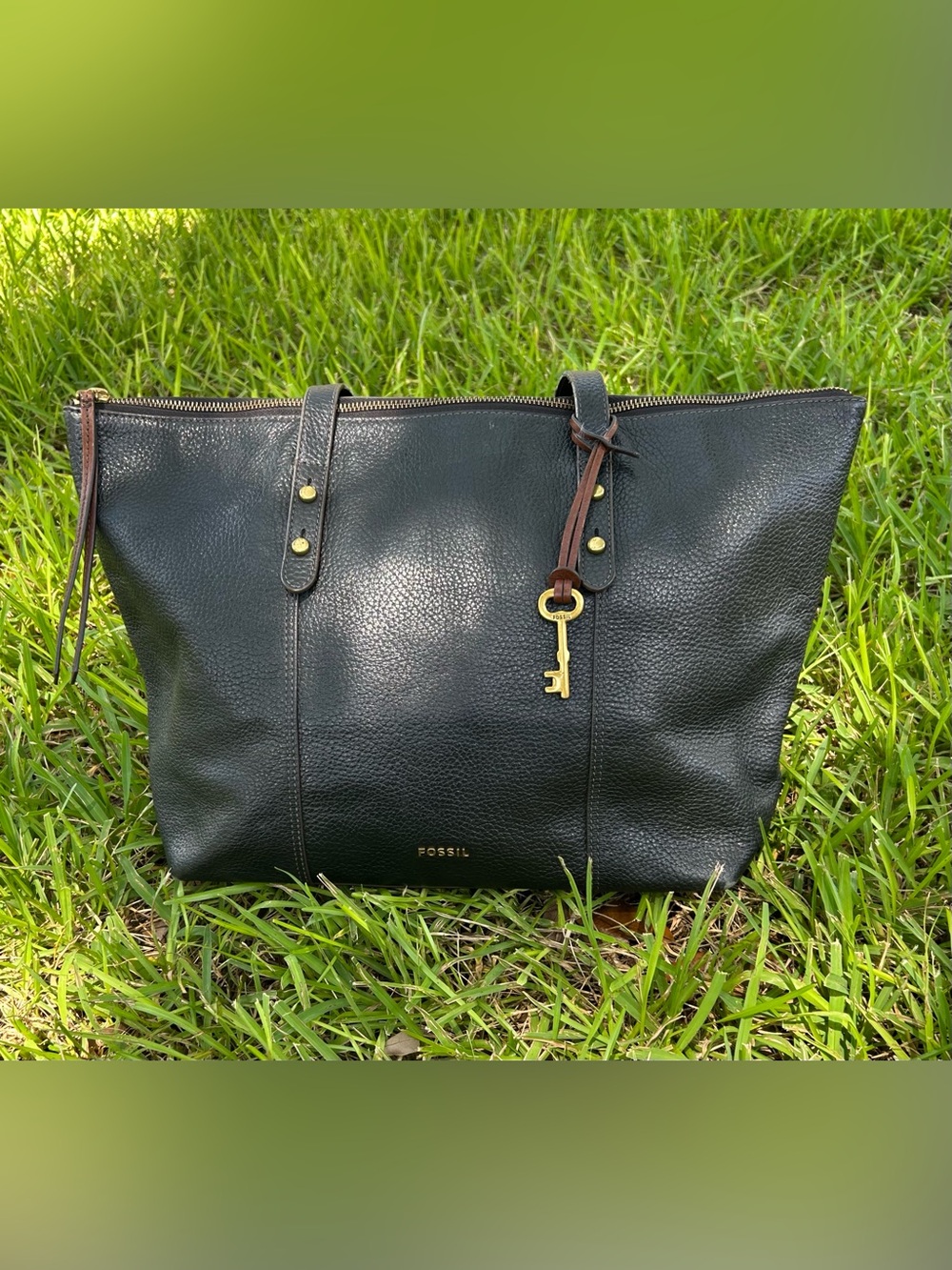 Fossil Black Leather Pebbled Tote with Gold Key Charm